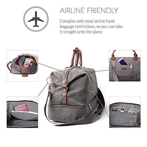 MyMealivos Canvas Weekender Bag, Overnight Travel Carry On Duffel Tote with Shoe Pouch (Grey)