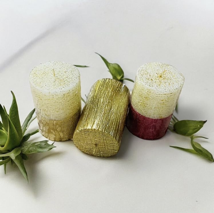 The Fabulous Flame Set of 3 Pillar Candles 2 x 3 Inch Column Candles Colored Candles || Aromatherapy Candle, Stress Relief Gifts for Women, 40H Burning - Red Gold/White Gold/Golden Chatayi