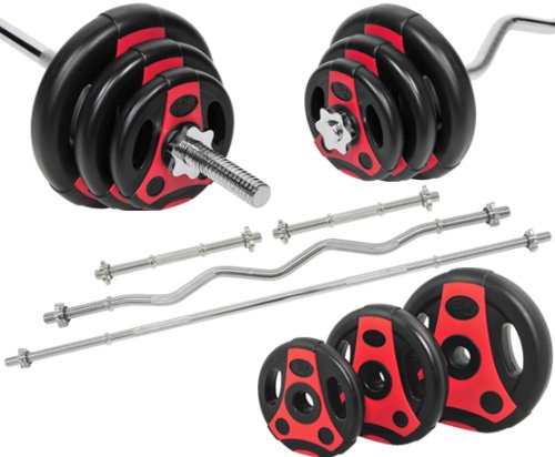 Bad Company Zestaw hantli I K-Grip tarcze do sztangi z tworzywa sztucznego (8 x 1,25 kg, 8 x 2,5 kg, 4 x 5 kg) w zestawie sztanga długa, łamana i krótka sztanga 30/31 mm I kompletny zestaw 70,5 kg