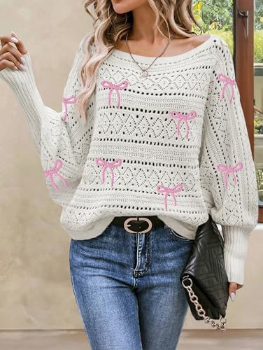 Image of Cakulo Womens Off Shoulder Sweater Top Fall Outfits Fashion 2025 Oversized Knit Batwing Long Sleeve Crochet Pullover Sweaters