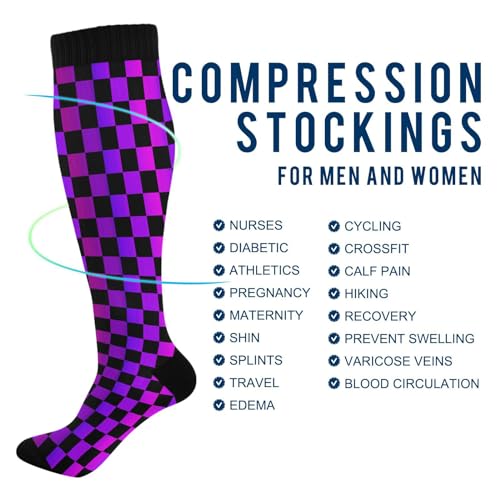 Pigsaly Purple Black Checkerboard Women's Compression Socks Buffalo Check Plaid Athletic Tube Sock Unisex Casual Knee High Socks Outdoor Sport Socks For Running Hiking Travel4