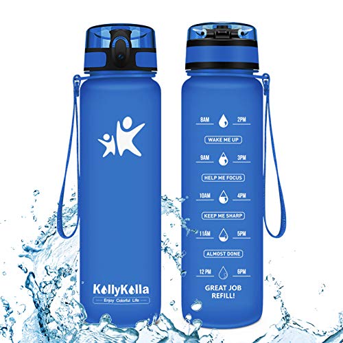 KollyKolla Botella Agua Sin BPA Deportes - 500ml, Reutilizables Ecológica Tritan Plástico, Bebidas Botellas con Filtro & Marcador de Tiempo, para Colegio, Tapa Abatible de 1 Clic, Zafiro Mate