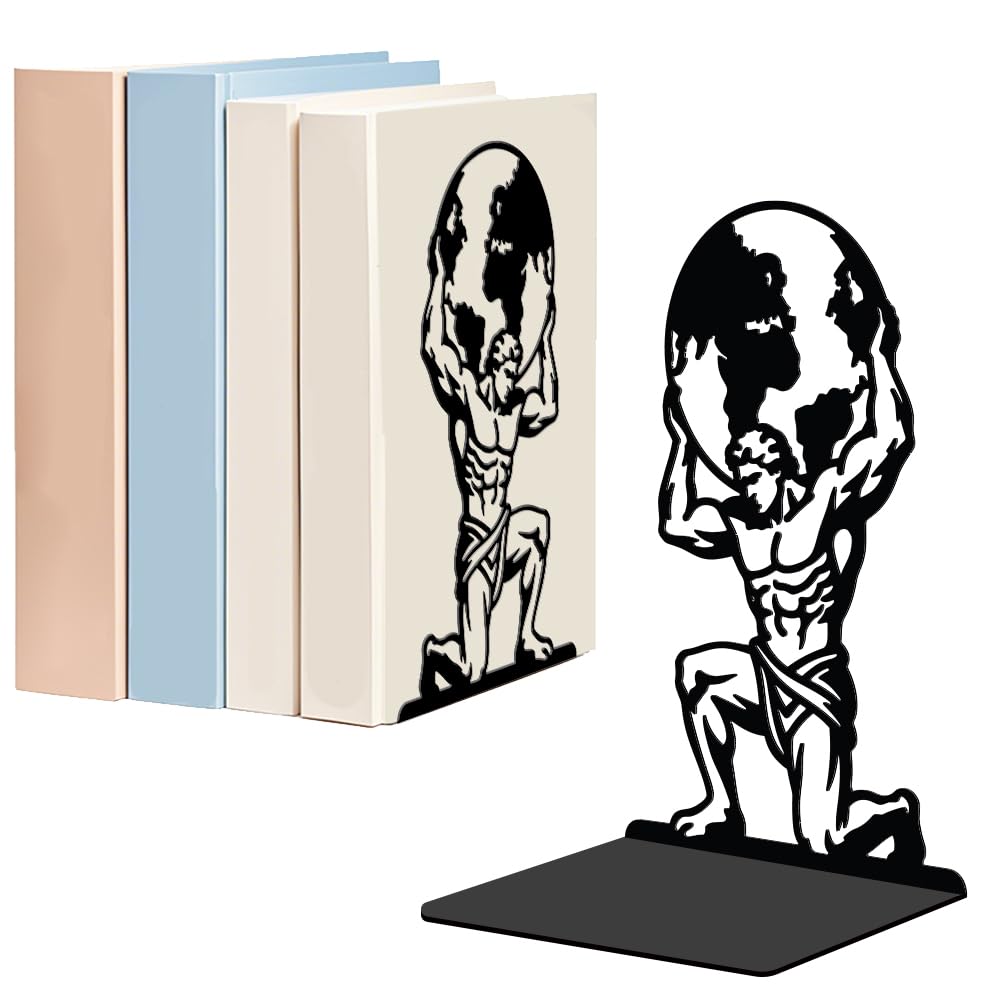 WADORN 1 Pair Atlas Globe Metal Decorative Bookends, European Art Heavy Duty Book Ends Black Non-Skid Book Holder Stopper for Home Office School Library Desk Study Room Man Cave Back to School Gift