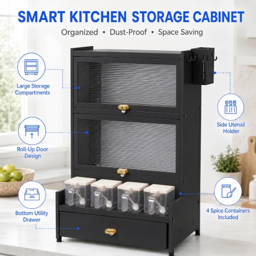 Image of Kitchen Storage Cabinet | Kitchen Cabinet with 2 Layer Kitchen Organiser, Drawer, 4 Storage Boxes & Side Holders | Dustproof Space Saving Carbon Steel Shelf | Black 41 CM, Pack of 1