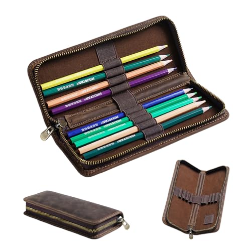 Acidea Genuine Leather Pencil Case Organizer Coffee Style Leather Storage Pen Pouch for Pencils Markers Pens and Art Supplies 10 Wooden Pencils Portable Pen Case Storage for Man Woman Office