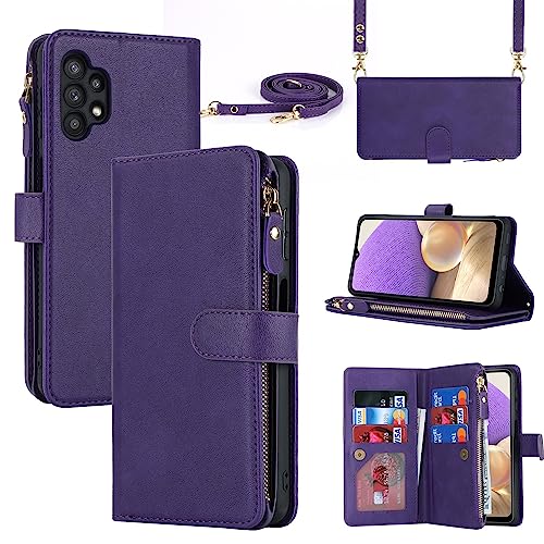 iCoverCase for Samsung Galaxy A32 5G Wallet Case with Card Holder for Women, Crossbody Lanyard Strap Kickstand PU Leather Case with Zipper Pocket Credit Card Slots Cover (Purple)