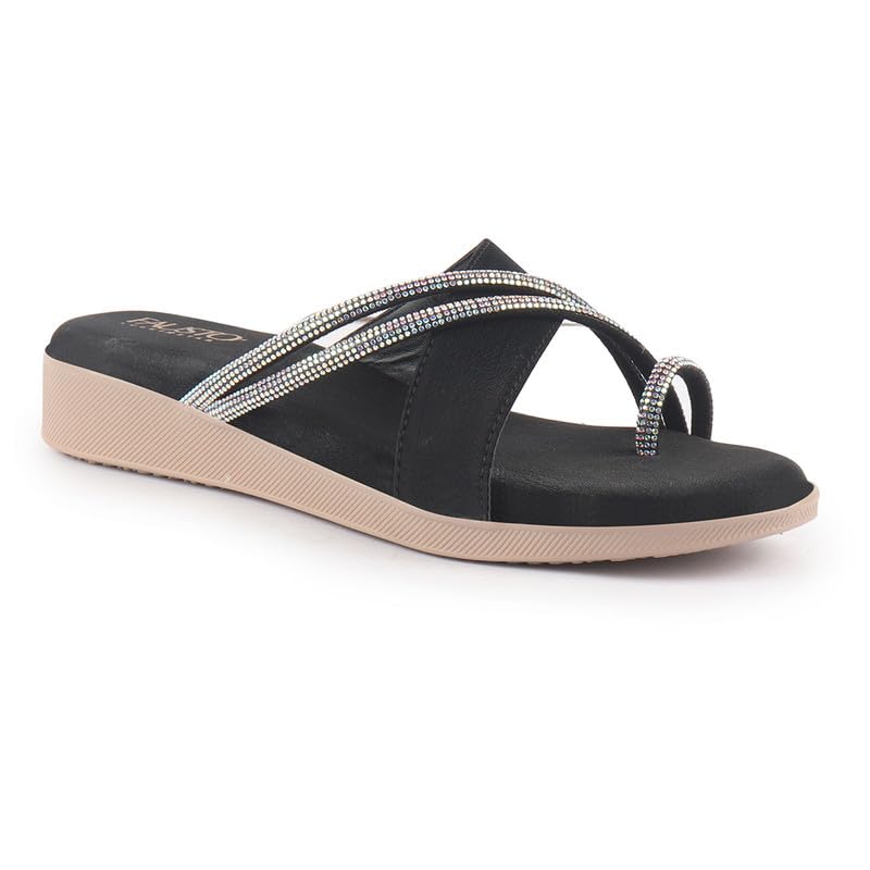 Image of FAUSTO Women Embellished Shimmery Cross Strap Toe Ring Wedding Slip On Slippers | Soft Cushioned Footbed Wedge Sandals | Party, Mehndi, Festive