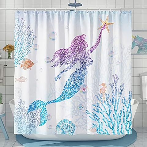DESIHOM Cortina de ducha de sirena azul con purpurina en escala de peces coral para niñas Cover