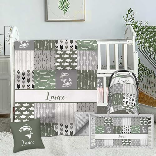 Munific Custom Name Baby Crib Bedding Sets for Boys, Personalized Fishing 2 Piece Sets, Minky Dotted Backing Blanket, Fitted Sheet, Nursery Sets for Newborn to Toddler