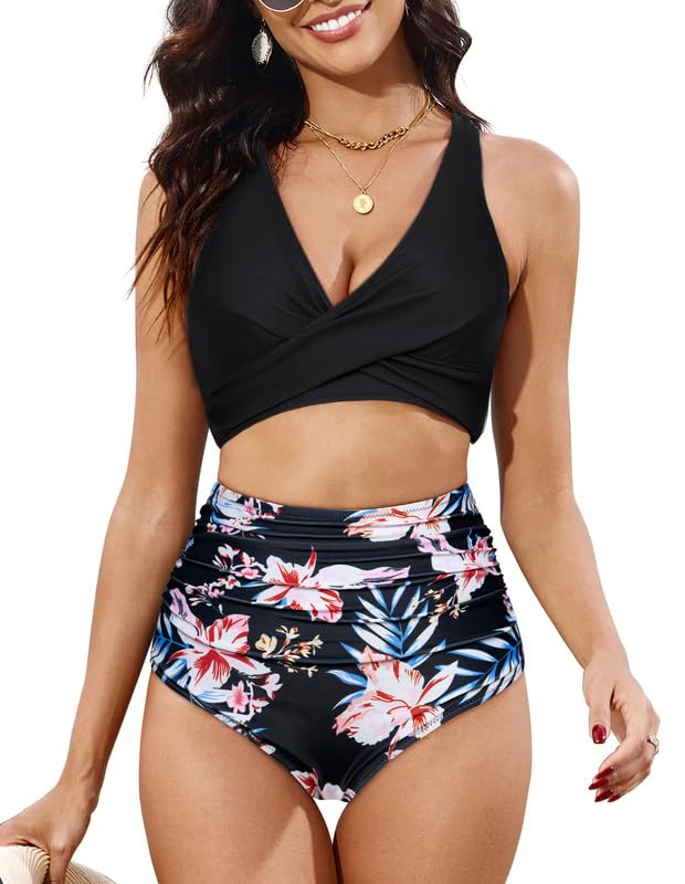 JASAMBAC Bikini-Set für Damen bauchweg, Twsit Cross Push up Bikini-Oberteil und High Waist Bikini-Unterteile, weiche hochwertige Bademode Badeanzüge für Strand, Pool mit verstellbaren Schultergurten