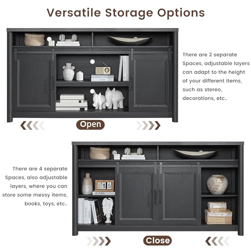 Image of Farmhouse TV Stand for Living Room, Large Black Entertainment Center with Storage, TV Console for Bedroom, TV Stand with Sliding Barn Door Television Stands for 80 Inch TV, 38 Inch Tall Media Cabinet