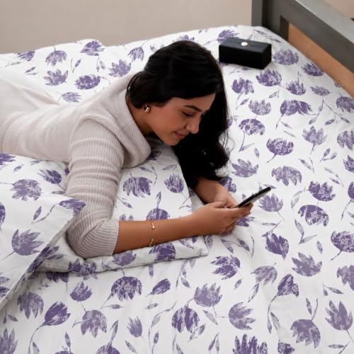 Image of Jaipur Weaves Cotton Linen Feel King Size Bedsheet 108x108 Super King, 100% Pure Cotton Bed Sheet with 2 Pillow Covers, 300 TC Soft Breathable Floral Design Bedding -(Tulips Purple,Super King)
