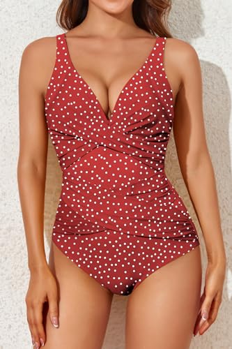 Image of Smismivo Tummy Control Swimsuits for Women Slimming One Piece Bathing Suit Retro Ruched Push Up Vintage Padded Swimwear