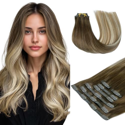 HOTBANANA Seamless Clip in Hair Extensions, 14 Inch 120g 7pcs