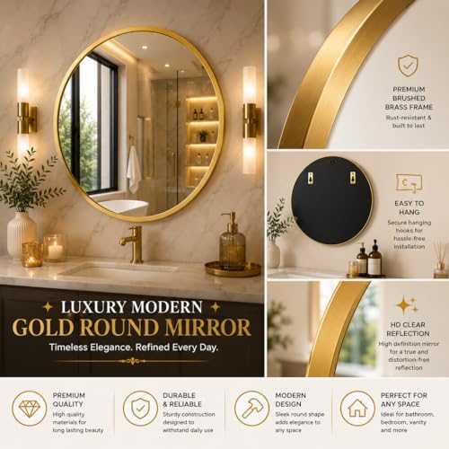 Image of The Arts Box 24 Inch Gold Round Mirror for Bathroom, Entryway & Vanity - Modern Wall Mounted Circle Mirror with Brushed Brass Metal Frame for Living Room, Bedroom, Wash Basin & Home Decor