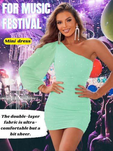 Image of ShawGobow Sparkly Outfits for Women,One Shoulder Ruched Bodycon Short Prom Dress,Sexy Dresses Cocktail Homecoming Nye