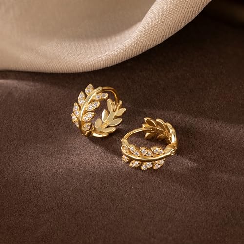 SLUYNZ Sterling Silver CZ Leaf Hoop Earrings for Women Teens Dainty Olive Leaf Hoop Earrings Huggie4