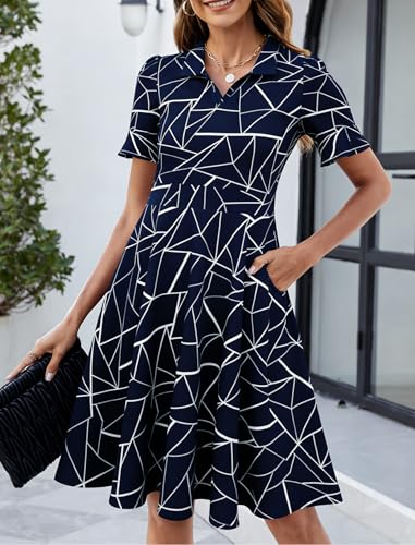 Image of Mokayee Womens Summer Ruffle Sleeve Collared V Neck Fit and Flare Elegant A line Swing Dresses with Pockets