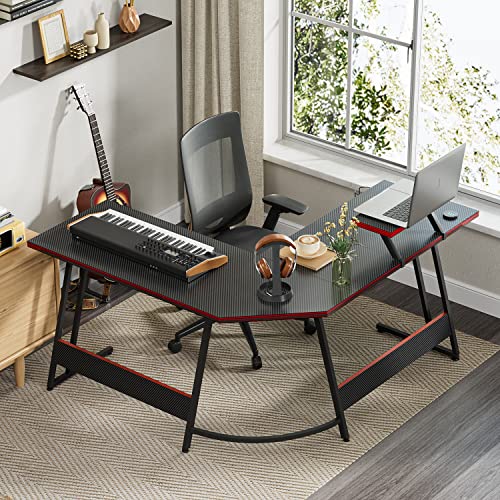 Shahoo Computer Desk 51 Inch L Shaped Table, Carbon Fiber Surface Desktop, With Led Monitor Stand, Cup Holder & Headphone Hook, 50.5 Inch, Black #TOP1