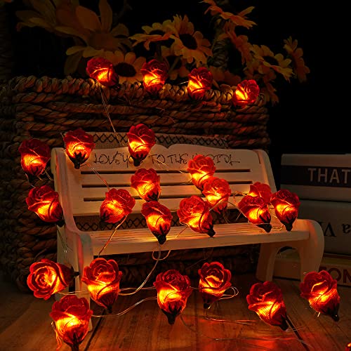 Cynzia 40LED Rose Flower String Lights, 13FT Battery Operated Fairy Light Romantic Valentine's Day Decor, Decorative Fairy Lights for Wedding Indoor Anniversary Home Hanging Party Decoration (Red)