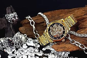 012 Gold x Black Dragon God Motif Mechanical Automatic Wristwatch Men's Fashion Men's Men's Stylish Zirconia Waterproof Function 3D Sculpture Oraora Series Yakuza Showa Heisei Yankee Thugs Flashy,