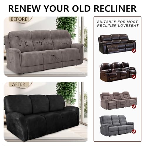 Image of ANARACHON Recliner Couch Cover Leather Look Recliner Sofa Covers for 3 Cushion Reclining Sofa Slipcovers 8-Pieces Furniture Protector Spandex Fabric Washable (3 Seater, 02 Black)