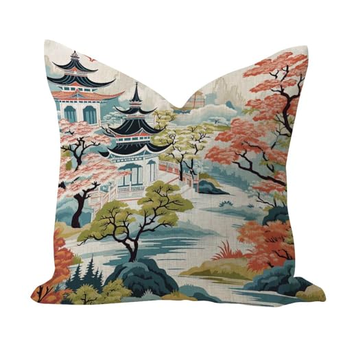 Chinoiserie Asian Pagoda White Coral Blue Breathable Outdoor Pillow Covers Country Bed Pillow Cushion Case Toile Oriental Floral Linen Pillowcases for Home Decor Playroom Living Room Outdoor 18x18