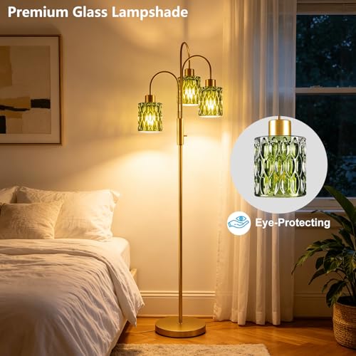 Image of 70 inch Glass Floor Lamp, 3-Light Gold Dimmable Standing Tall Lamp with Green Ribbed Glass Shades &3PCS 3000K Warm White Bulbs, Modern Tree Pole Lamp for Living Room Bedroom Home Decor