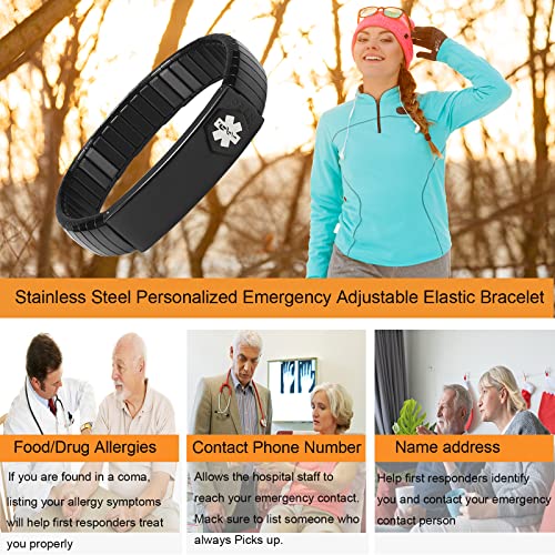 Medical Alert Bracelet for Men Women, Stainless Steel Personalized Adjustable Elastic Medical ID Bracelet for Diabetes, Allergies, Epilepsy, Penicillin, Writeable Cards2
