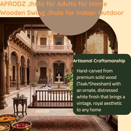 Image of APRODZ Swing for Home Reversible Sheesham Wooden Jhula for Adult for Home | Wooden Swing for Balcony | Hanging Swings with Brass Coated Chain | Patio Double Seater Indoor /Outdoor Swing, 132 x 58cm