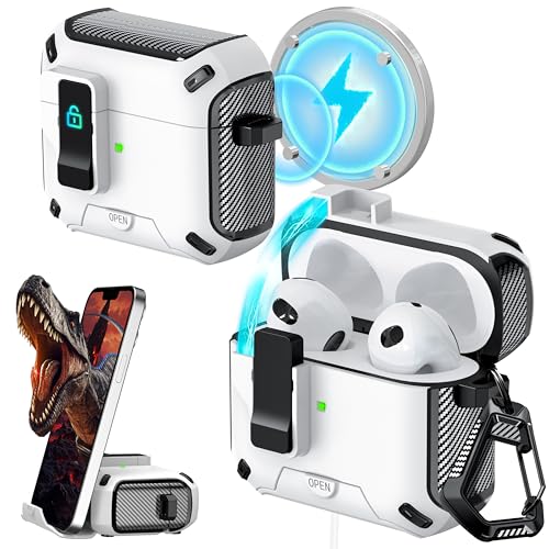 Image of RFUNGUANGO AirPods 3 Case with Lock Magnetic Lid Phone Stand, White