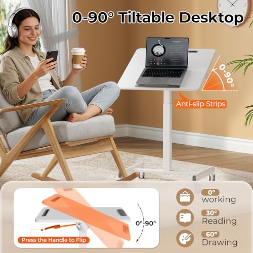 Image of JOY worker Mobile Standing Desk, 23.6 inch x 20.5 inch Small Rolling Laptop Cart with 90 Tiltable Desktop, Portable Height Adjustable Sit-Stand Computer Desk on Wheels for Home Office, White