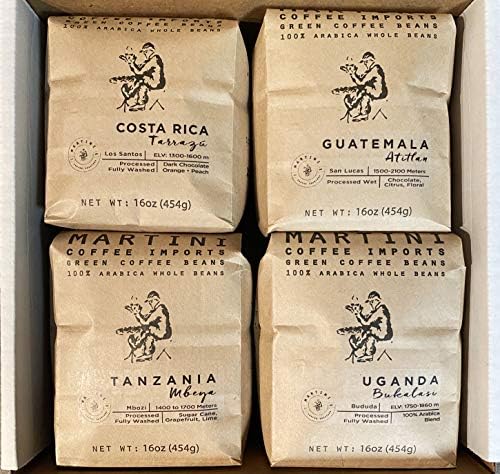 Martini Coffee Roasters - Premium Unroasted Green Coffee Sampler Pack - Includes Four, 1LB Samples of Single Origin 100% Raw Green Arabica Coffee Beans - The Best Of Africa, Central America, South America, Etc.