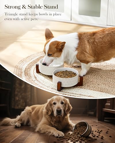 Image of MALACASA Dog Bowl Set, Ceramic Bowls with Walnut Wood Stand, 4 Cups