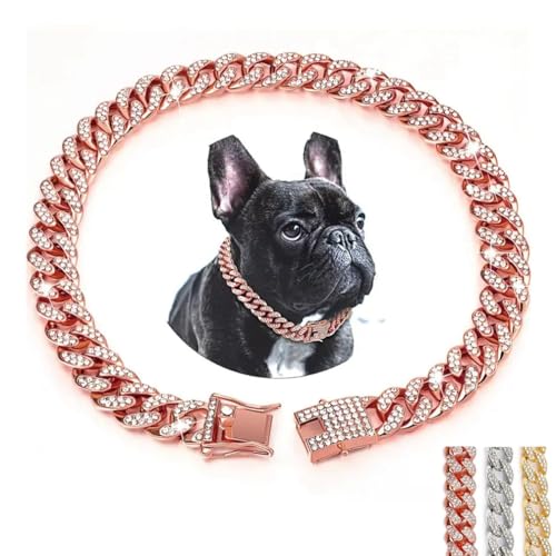 Bling Dog Chain Collar with Diamond, Pink Sparkly Rhinestone Cat Chain Necklace, Glitter Crystal Metal Cuban Link Puppy Collars for Small Medium Large Pet Girl Boy Dogs Kitten, Rose Gold 8 inch