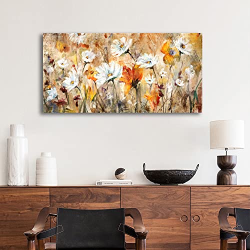 Image of Large Flowers Wall Art White Daisy Canvas Pictures Abstract Orange Yellow Red Floral Wall Decor Elegant Artwork Painting Prints for Living Room Bedroom Kitchen Home Office Decoration Framed 29 inchx 58 inch