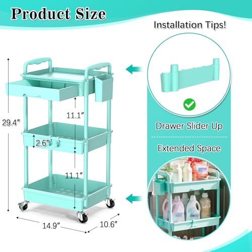SUNALLY 3 Tier Rolling Storage Cart Organizer with Drawer Wheels, Blue by SUNALLY - Used condition - CA$31.59