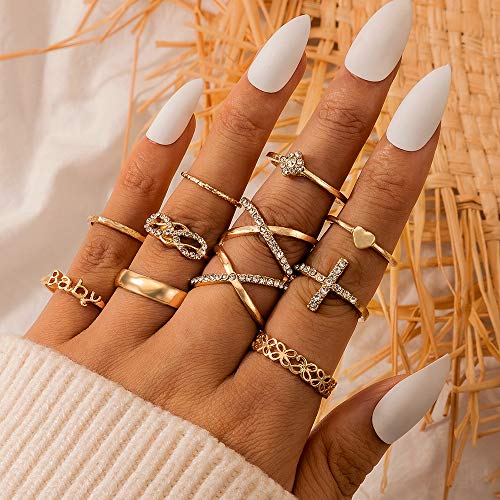 YERTTER Men Vintage Gold Silver Ring Set Open Rings Set Rhinestone Crystal Rings Set Joint Knuckle Ring Set Finger Rings Stackable Retro Mid Rings for Women and Girls (10pcs)