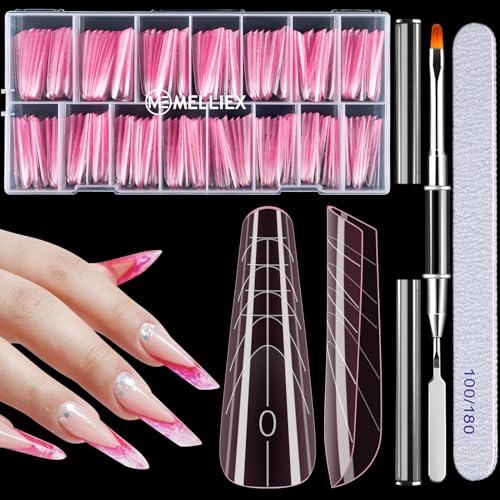 MELLIEX 150 PCS Moldes Tips Uñas Acrilicas Kit, Polygel Dual Nail Forms Rosa Stiletto Almendra, Tips Uñas Soft Gel Extensión para Salón de Manicura DIY (15 Tamaños)