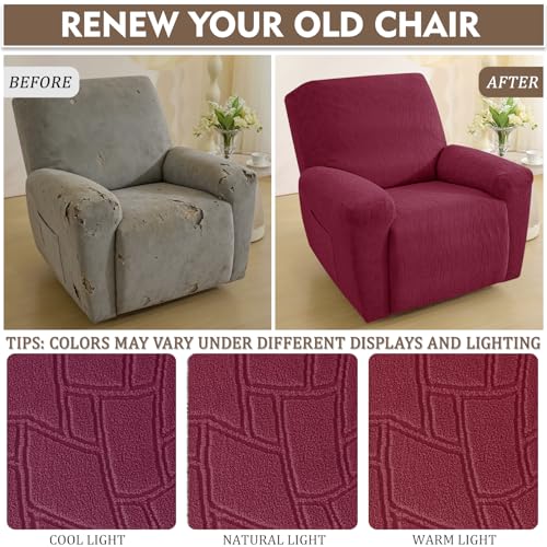 Image of ZNSAYOTX 100% Waterproof Recliner Chair Covers, 3-Piece Stretch Fit Recliner Slipcovers with Buckle & Elastic Band for Lazy Boy, Stay in Place, Soft Plaid Jacquard Protector (Large, Wine Red)