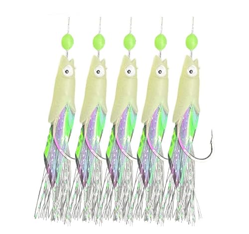 KTGCOZS Pack of 3 Set Sabiki 5 Hook Rigs Saltwater Fishing Lures Bait Rigs Real Fish Skin String Hook Mackerel Glow in The Dark Flash Sabiki Rigs (2# 3 Set)