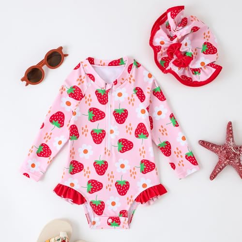 Baby Girl Swimsuit One-Piece Long Sleeve Rash Guard with Hat Set Strawberry/Flower Zipper Bathing Suit2