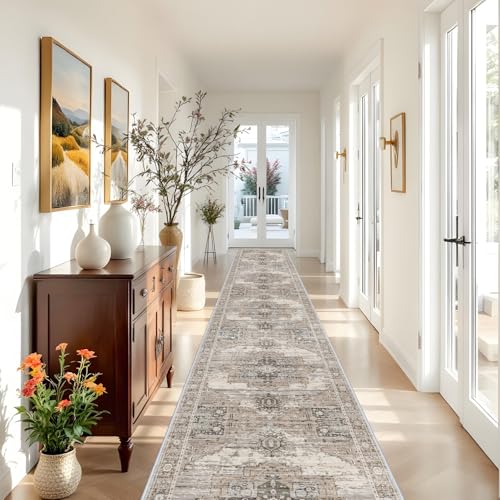 RUUGME Washable 3x20 Runner Rugs - Hallway Runner Rug for Living Room Stain Resistant Carpet with Non Slip Backing Vintage Rugs for Bedroom Kitchen Floor Decoration Mat 3x20 Beige