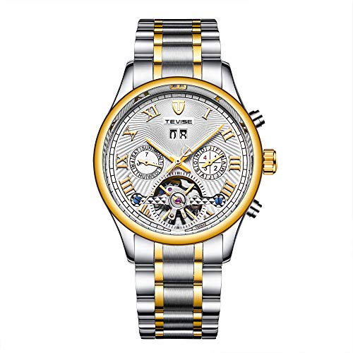 Preisvergleich Produktbild Herren Armbanduhr Automatisch-mechanische - Multifunktionslicht, Mondphase - Edelstahlarmband - Saphirglaslinsen - Mechanisches Uhrwerk -wasserdichte Armbanduhr@Gold weiß