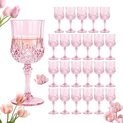 LEYIQU Plastic Wine Glasses Plastic Goblets Vintage Style Cordial Unbreakable Drinking Glasses Reusable Drinkware for Wedding Reception Grand Event Party Supplies (24 Pink)