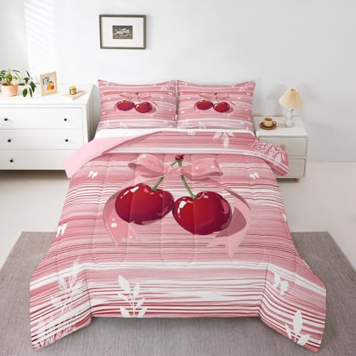 Image of Erosebridal Cherry Bow King Comforter Set Pink Valentine Bedding Set for Kids Teens Romantic Bowknot Bowtie Quilt Geometric Stripes Cottagecore Bedroom Decor 3 Pcs