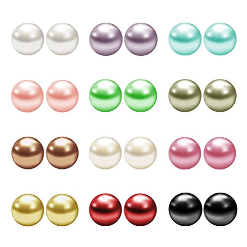 JewelrieShop Fake Pearl Earrings Stud Set Faux Colorful Pearls Earring Pack for Women Hypoallergenic Stainless Steel Ball Studs Earing for Women Jewelry (12pairs, Assorted Size)