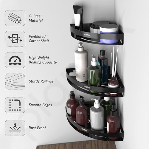 Image of Plantex Corner Shelf for Bathroom Wall /Self Adhesive Bathroom Shelf /Bathroom Corner Shelves self Adhesive /Bathroom Organiser Without Drill- Pack of 3 (Black)