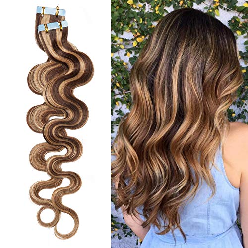 S-noilite Body Wavy Tape in Human Hair Extensions Balayage 18 Inch 100g 40pcs Double Sided Tape on Natural Hair Extension Medium Brown&Dark Blonde #4/27W