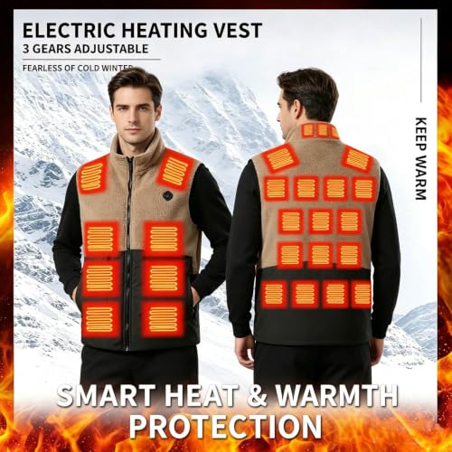 GOSEAGOTOFUN Heated Vest for Men Stand Collar Zip Up Sleeveless Jacket Soft Warm Fleece Vest Lightweight Outdoor Casual Coat Khaki Medium - image 2